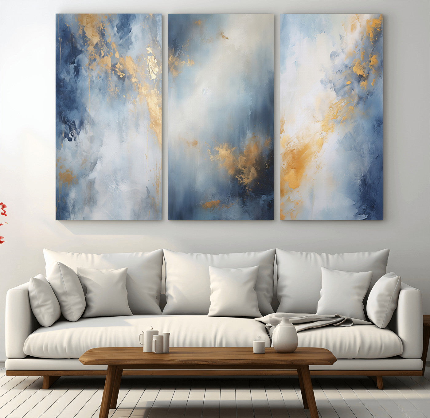 Abstract canvas art in soft blue and gold tones with textured brushstrokes, ideal for elegant or modern neutral decor spaces.
