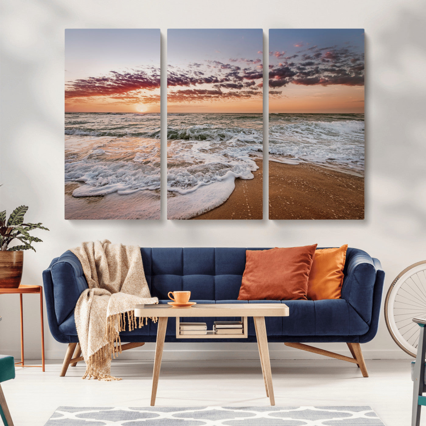 Canvas of a sunset over a foamy ocean shore with warm light and gentle waves, ideal for coastal or beach-themed home decor.