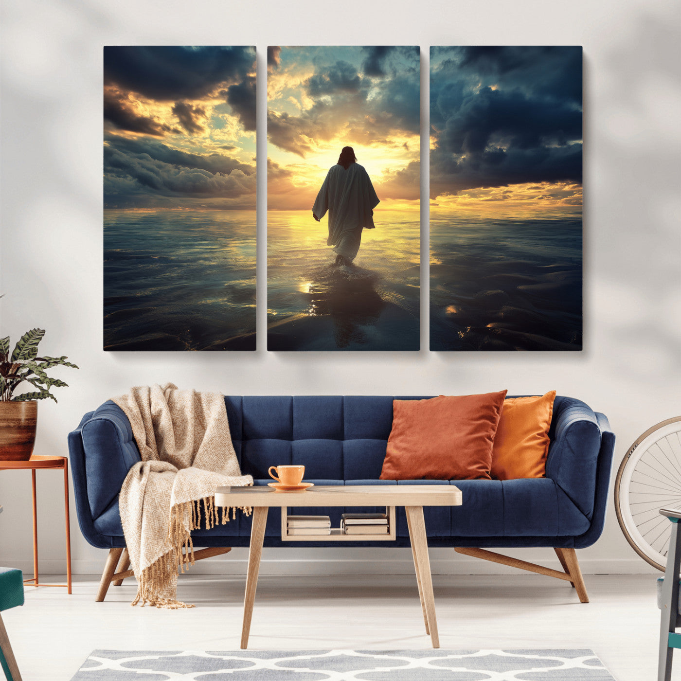 Spiritual artwork of Jesus walking on water at golden hour with divine light, ideal for Christian home decor or prayer room.