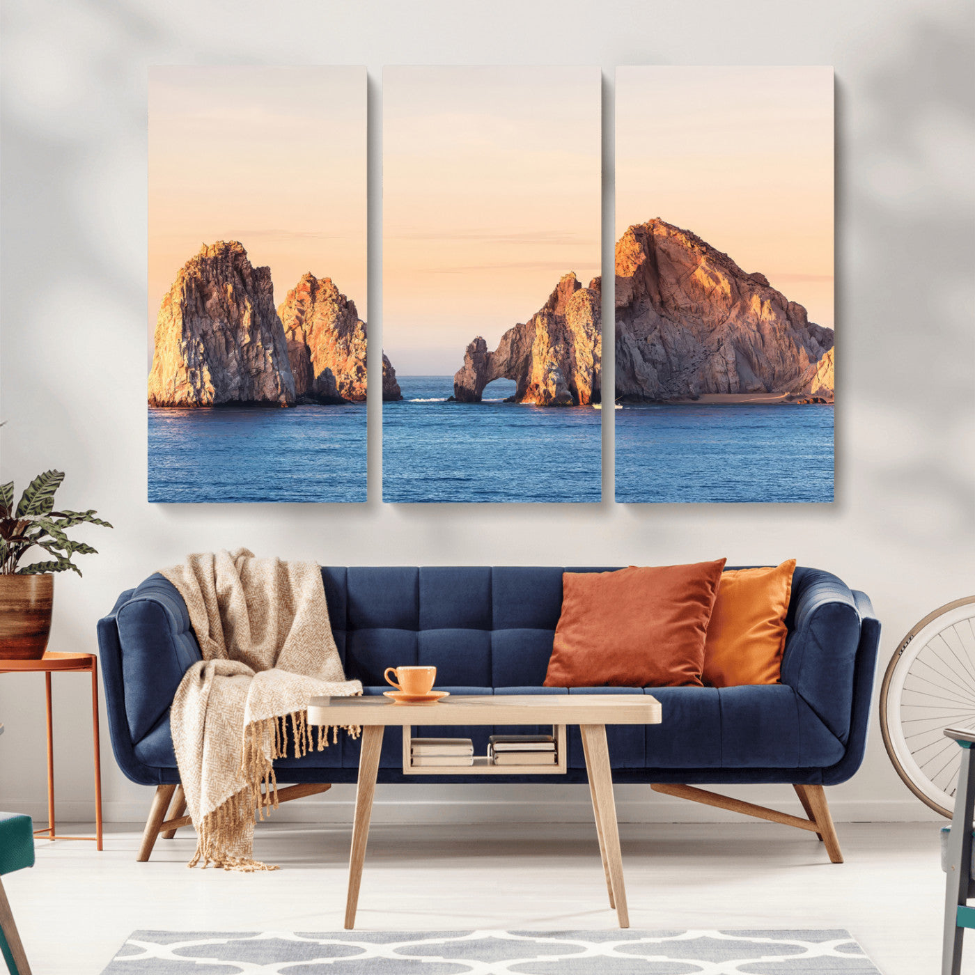 Framed canvas of El Arco rock formation in Cabo San Lucas at golden hour, ideal for coastal landmark or ocean-inspired decor.