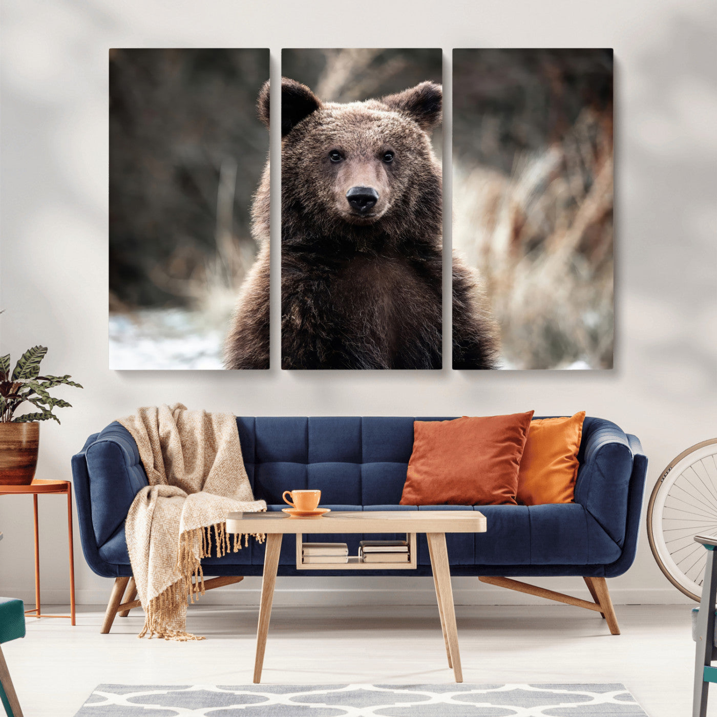 Canvas of a brown bear in soft earthy tones and moody forest light, ideal for rustic cabin or woodland nature-themed home decor.
