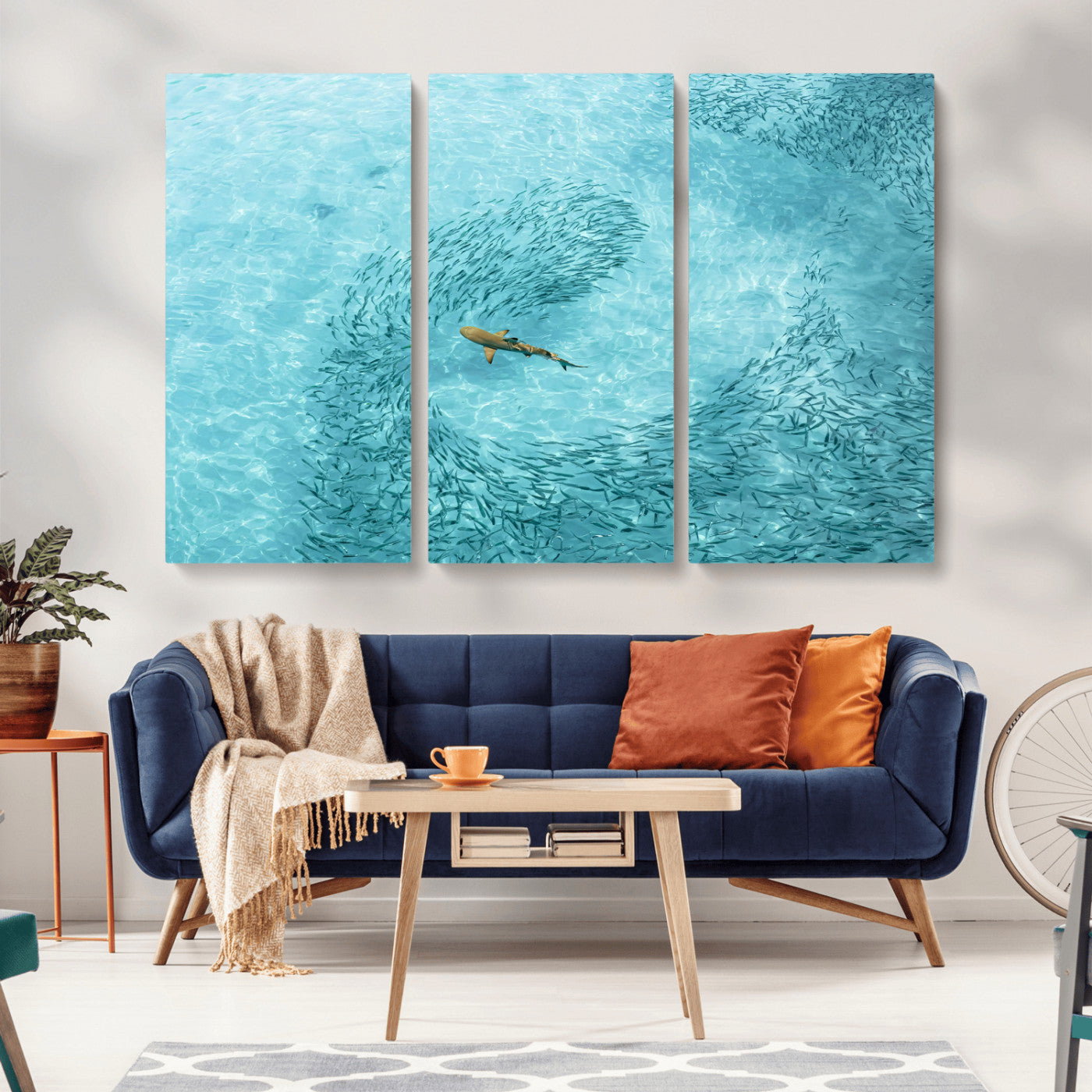 Aerial view of a shark swimming through a swirl of fish in clear turquoise waters, perfect for calm coastal or beach house decor.