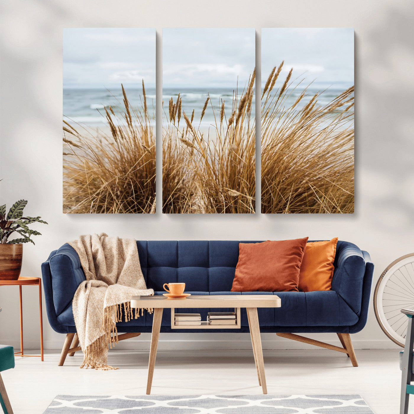 Canvas of golden beach grass swaying by the ocean under a soft cloudy sky, perfect for neutral-toned or coastal minimalist decor.