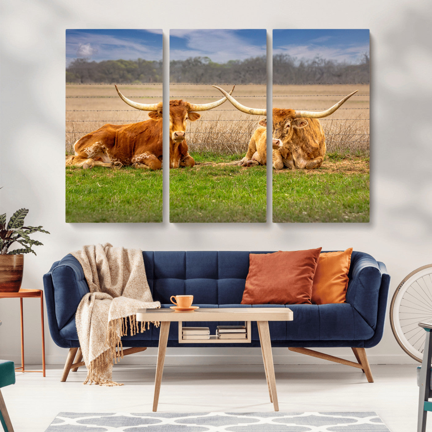 Two longhorn cows lying on green grass in front of a golden field and trees under a blue sky, perfect for rustic country wall decor.