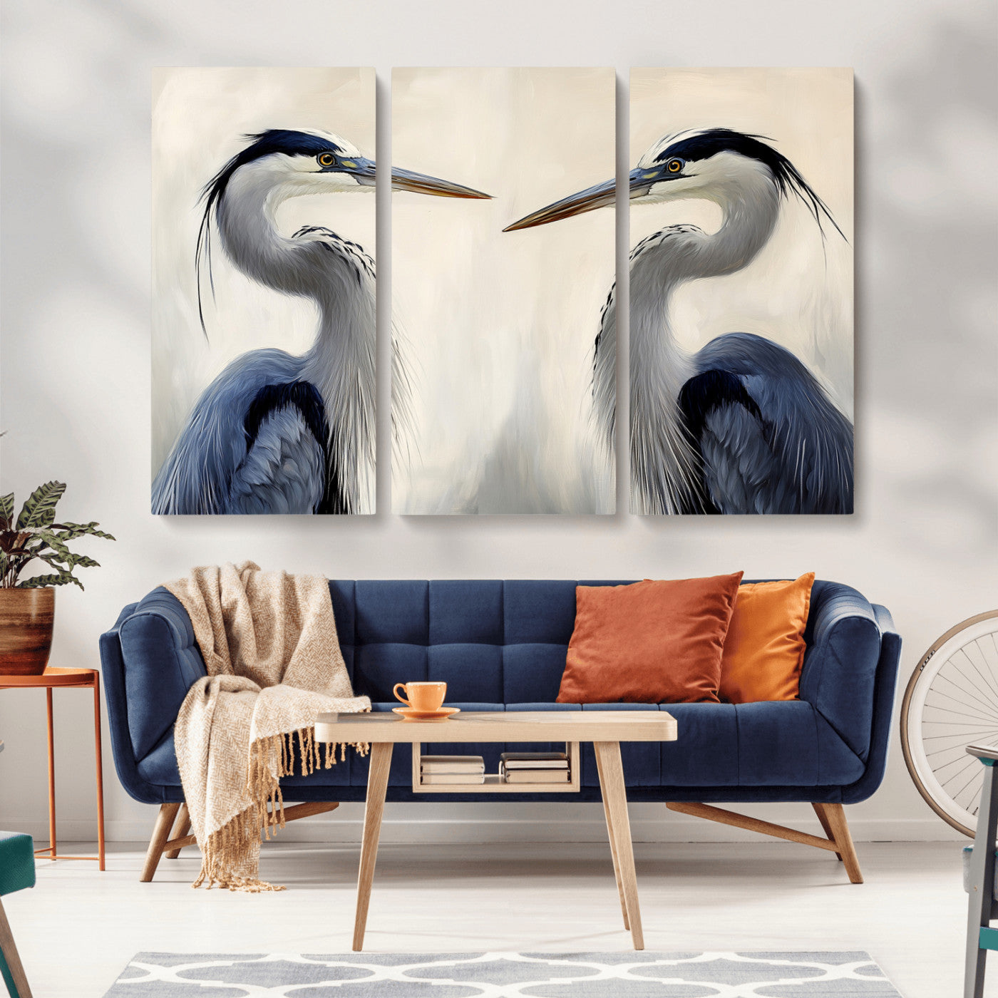Two blue herons facing each other on a soft neutral background, ideal for coastal, tranquil, or nature-inspired minimalist interiors.
