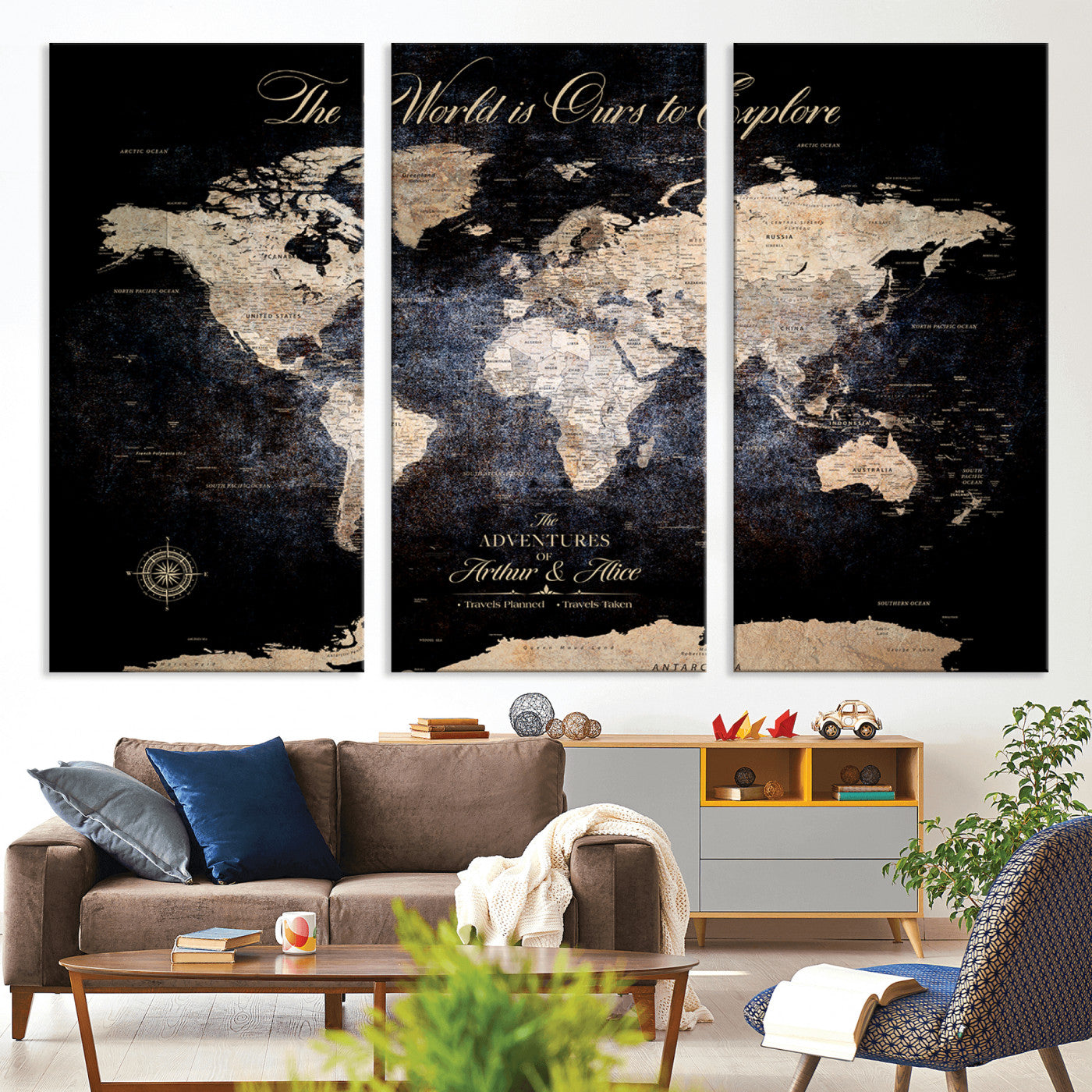 '-Customize Push Pin World Map Wall Canvas Print, Personalized Travel Tracker with Pins, Framed Large Canvas for Home Office Decor - H37