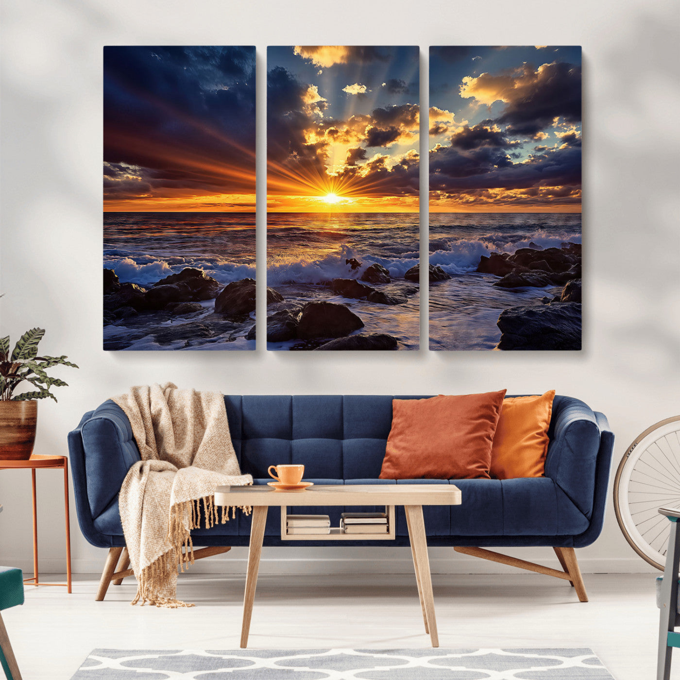 An explosive sunset over the ocean with dramatic clouds and rays of sunlight reflecting off the water, creating a vibrant and captivating view.