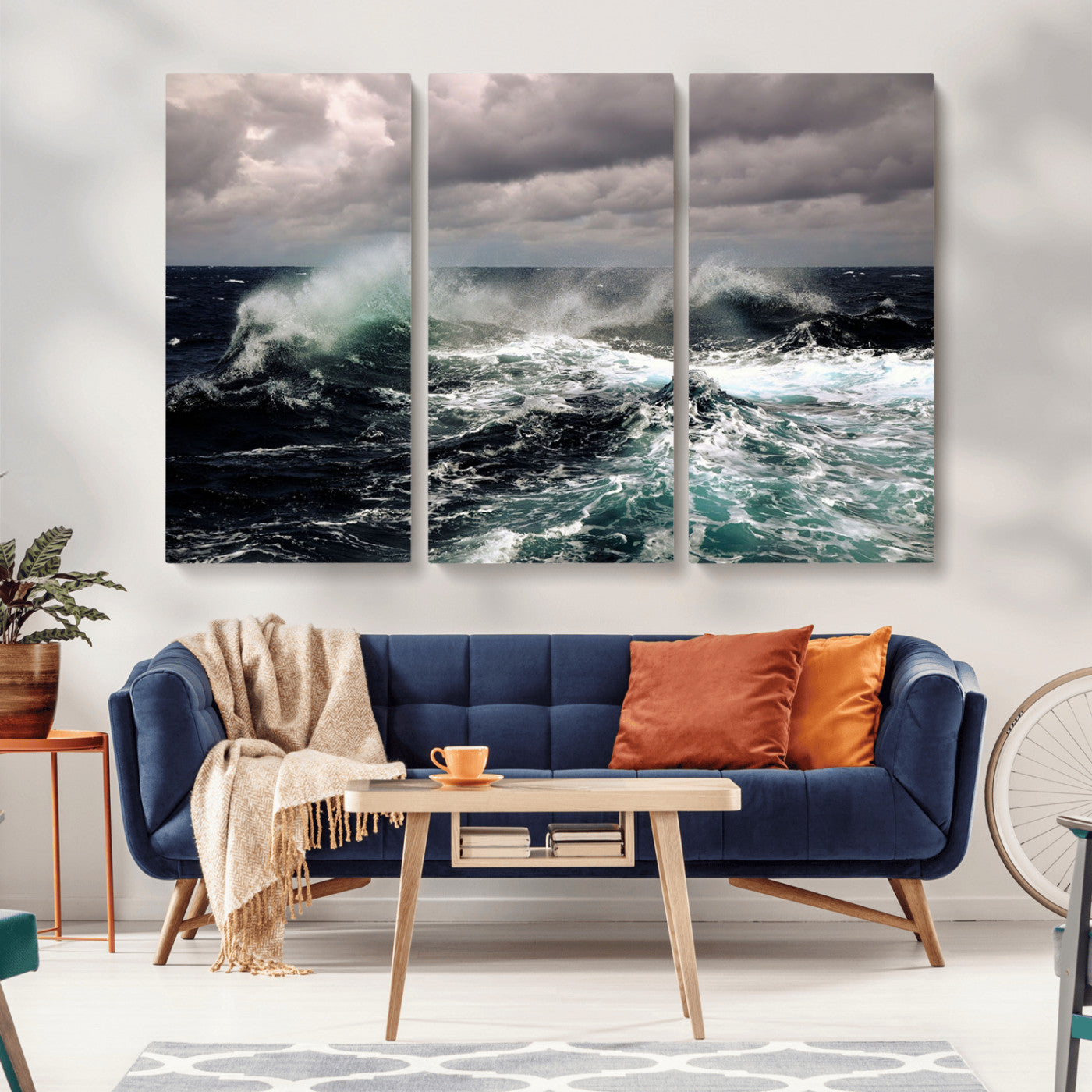 Powerful ocean waves crashing under stormy skies, creating a dynamic and intense seascape.