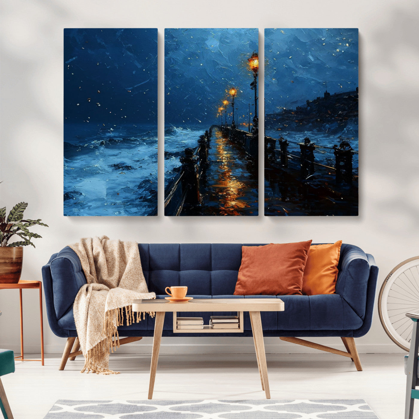 "Impressionistic painting of a rainy pier at night with glowing street lamps reflecting on the wet surface, ocean waves crashing under a dark blue sky."