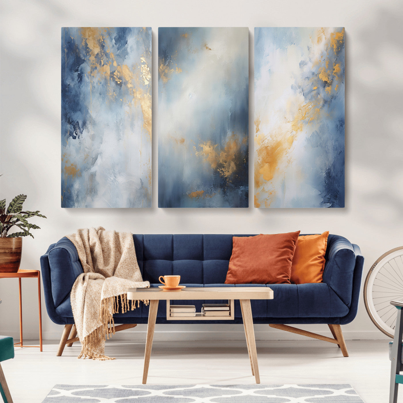 Abstract canvas art in soft blue and gold tones with textured brushstrokes, ideal for elegant or modern neutral decor spaces.