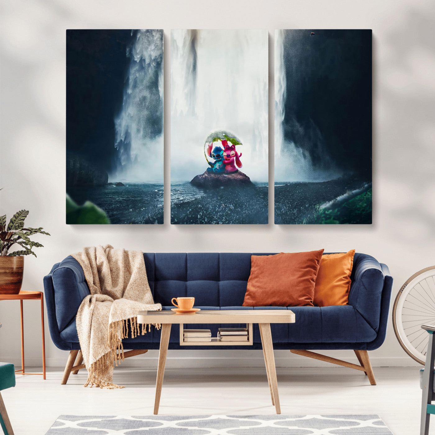 Fantasy canvas of Stitch and Angel under a leaf umbrella in front of a dramatic waterfall, perfect for moody jungle-themed or animated decor.