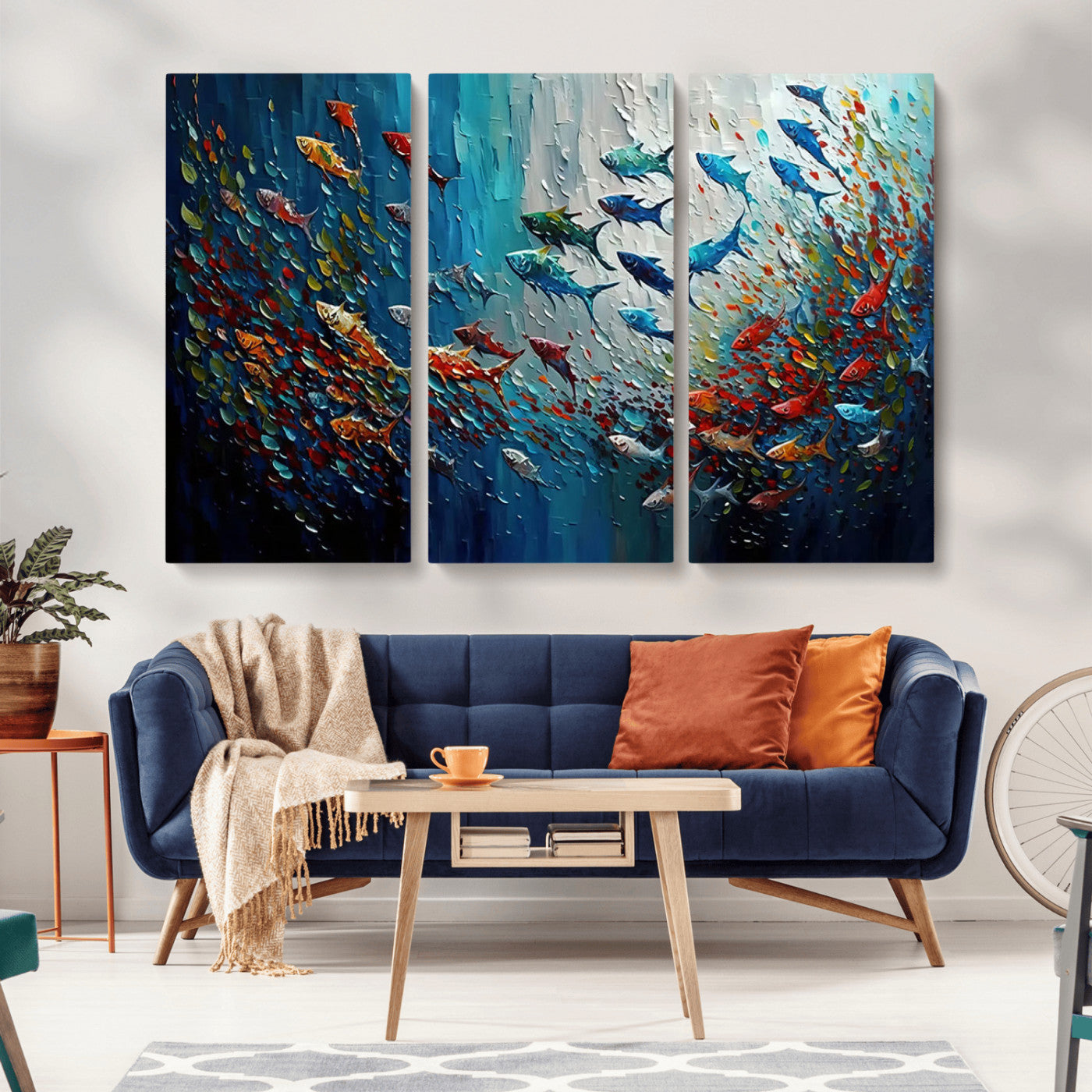 Colorful painting of fish swimming in abstract ocean swirls, perfect for vibrant marine-themed or expressive coastal home decor.