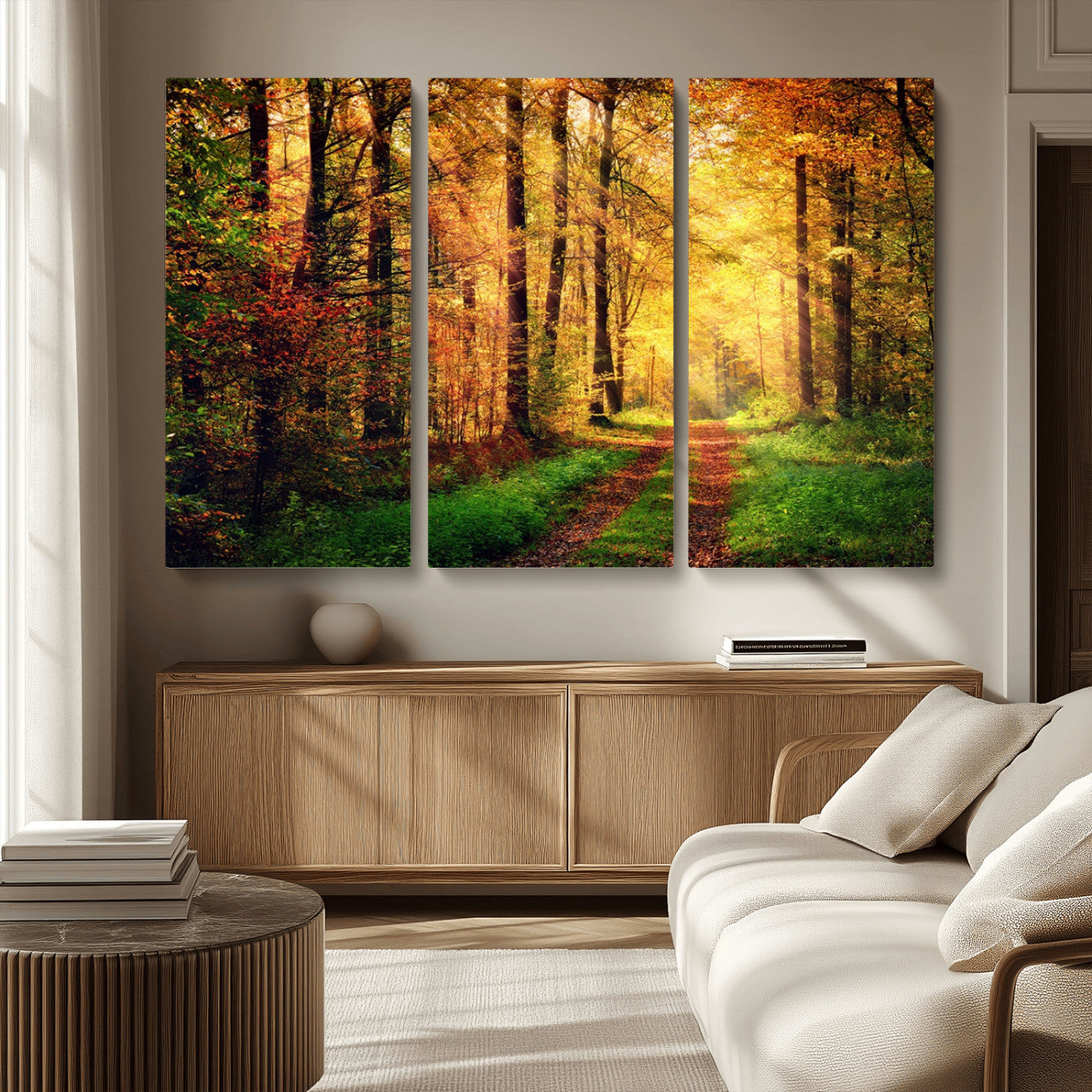 73494-MGV-CV-36X24-Golden Autumn Forest Path Wall Art – Sunlit Woodland Canvas Print, Fall Nature Landscape Home Decor
