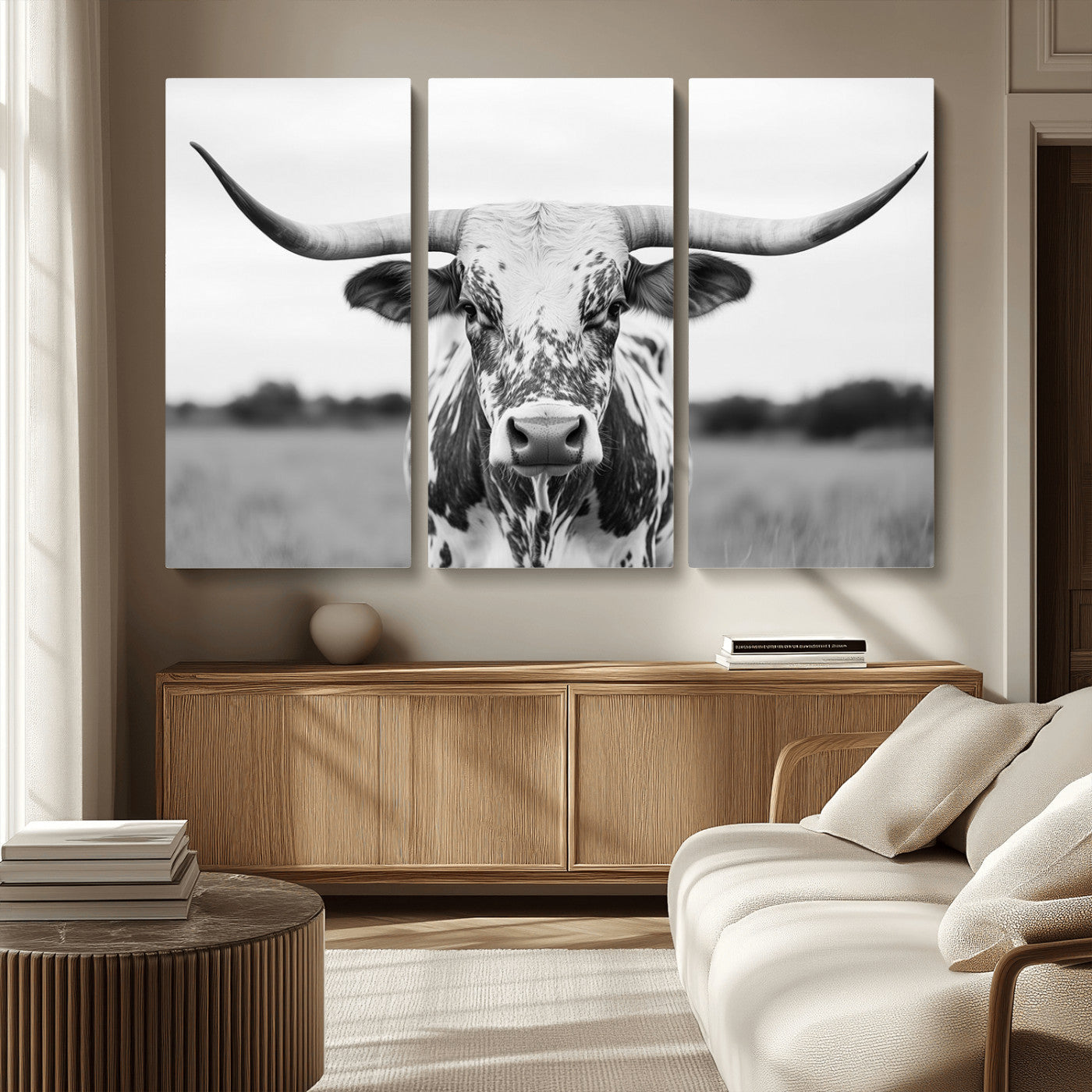 Capture the strength and elegance of nature with this striking black and white portrait of a longhorn cow. Its powerful presence makes a bold statement in any room.