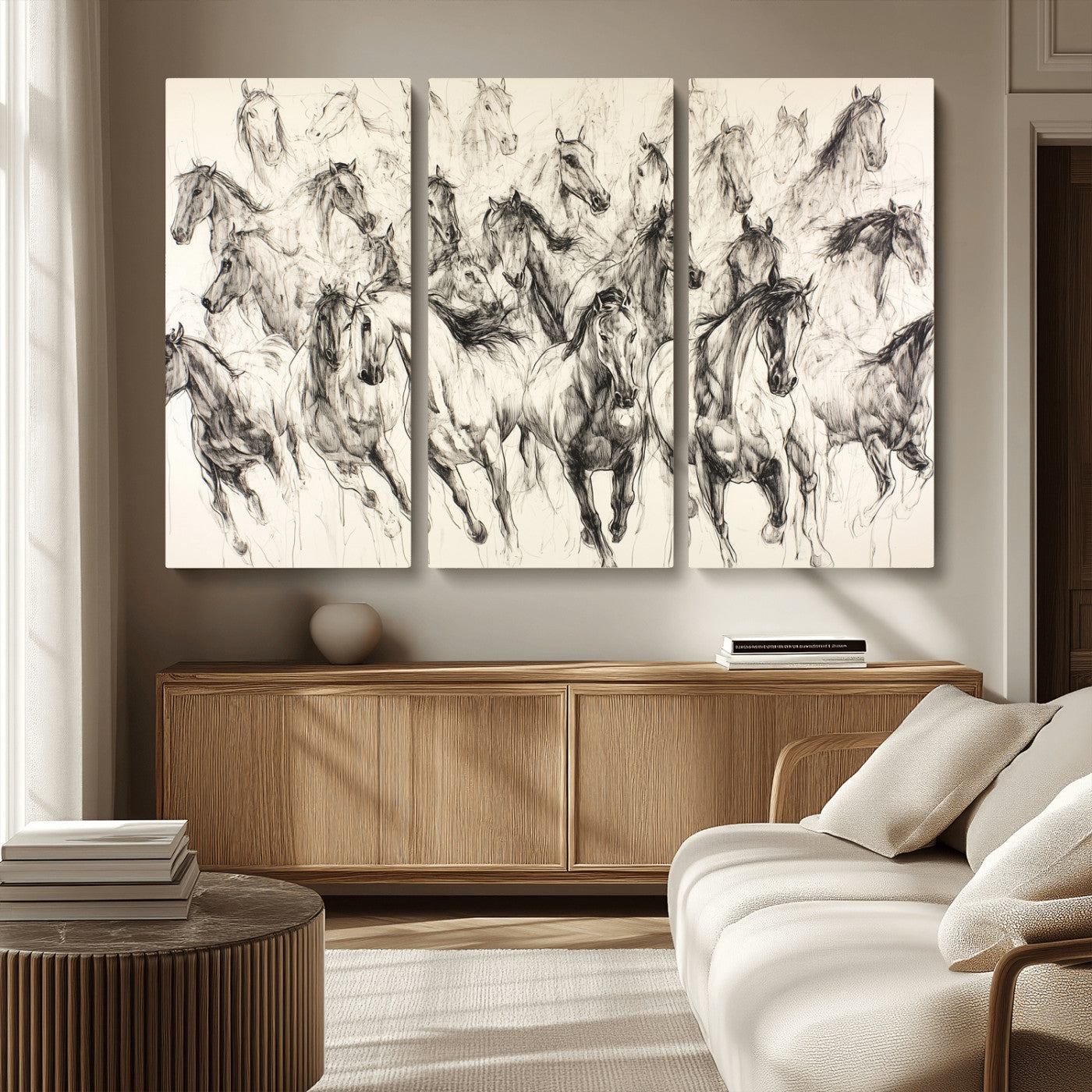 Monochrome ink sketch of galloping horses in dynamic motion, perfect for western or equine-themed wall decor with bold artistic energy.