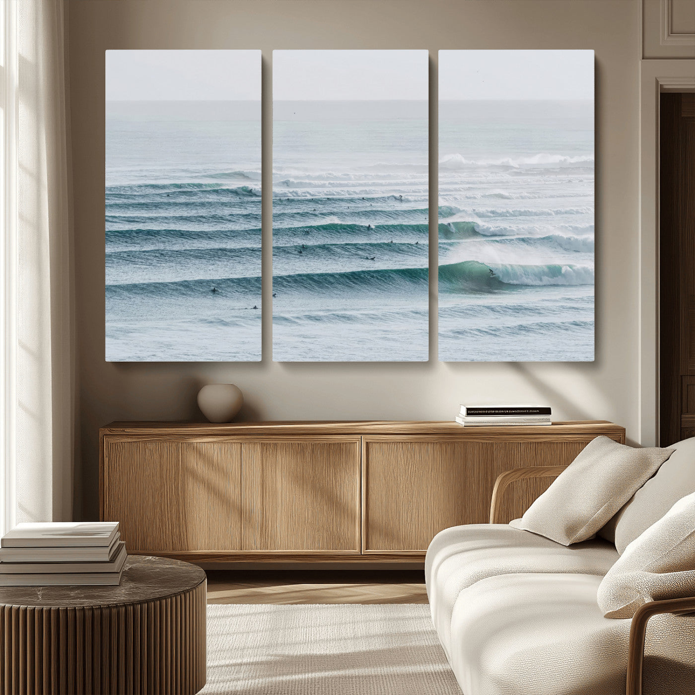 High-angle view of surfers lining up across layered ocean waves, ideal for minimal coastal or surf-inspired room decor.
