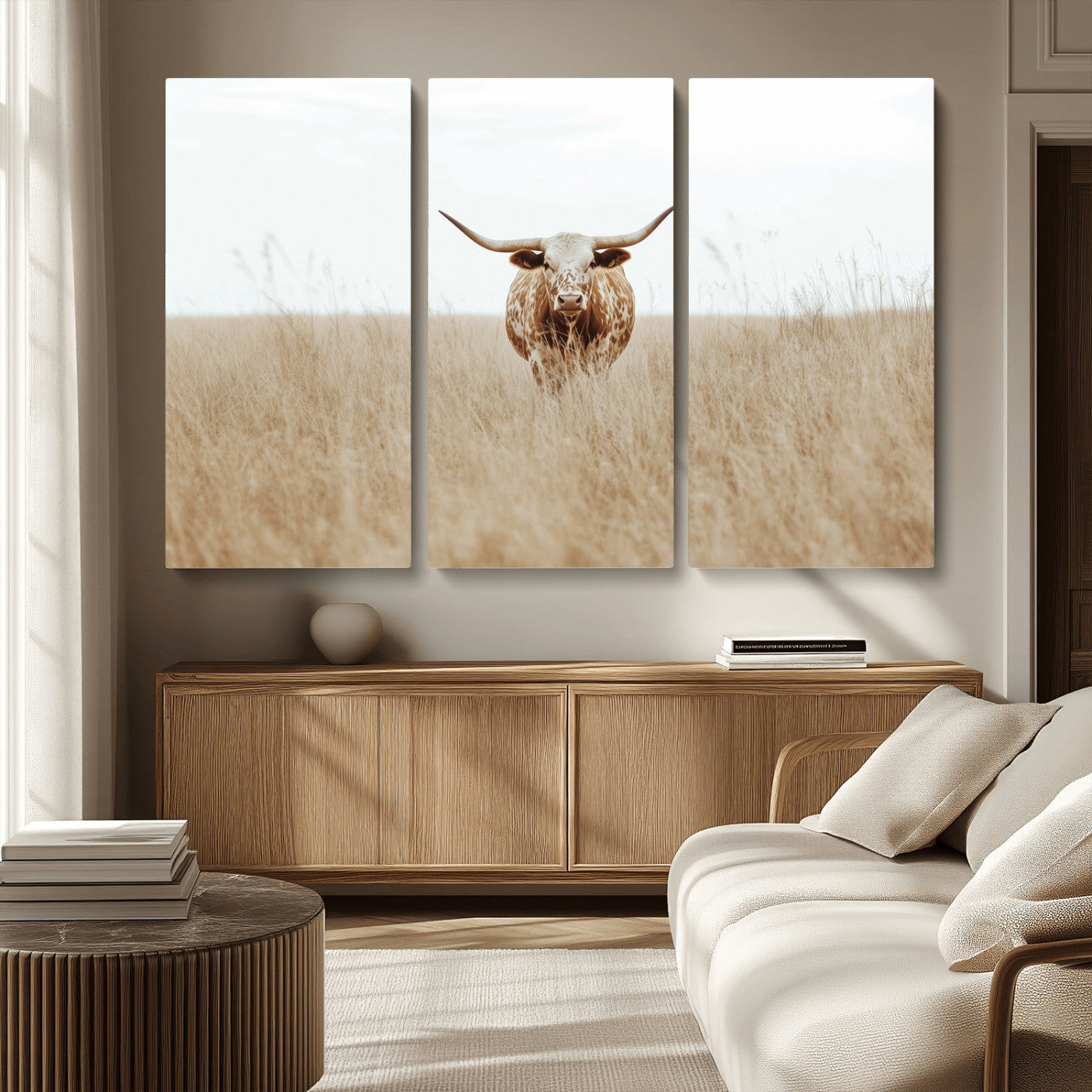 Texas Longhorn bull standing alone in dry grass with neutral tones, ideal for rustic western or cowboy-themed wall decor.