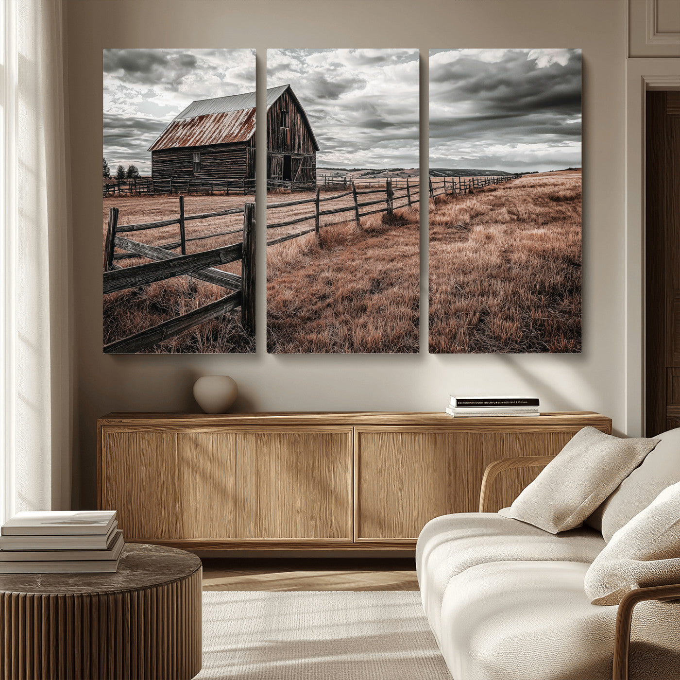 Framed canvas of a rustic barn under a moody sky with weathered fence and dark fields, ideal for farmhouse or rural-style wall decor.