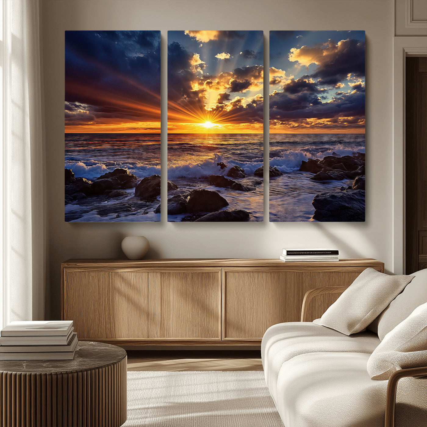 An explosive sunset over the ocean with dramatic clouds and rays of sunlight reflecting off the water, creating a vibrant and captivating view.