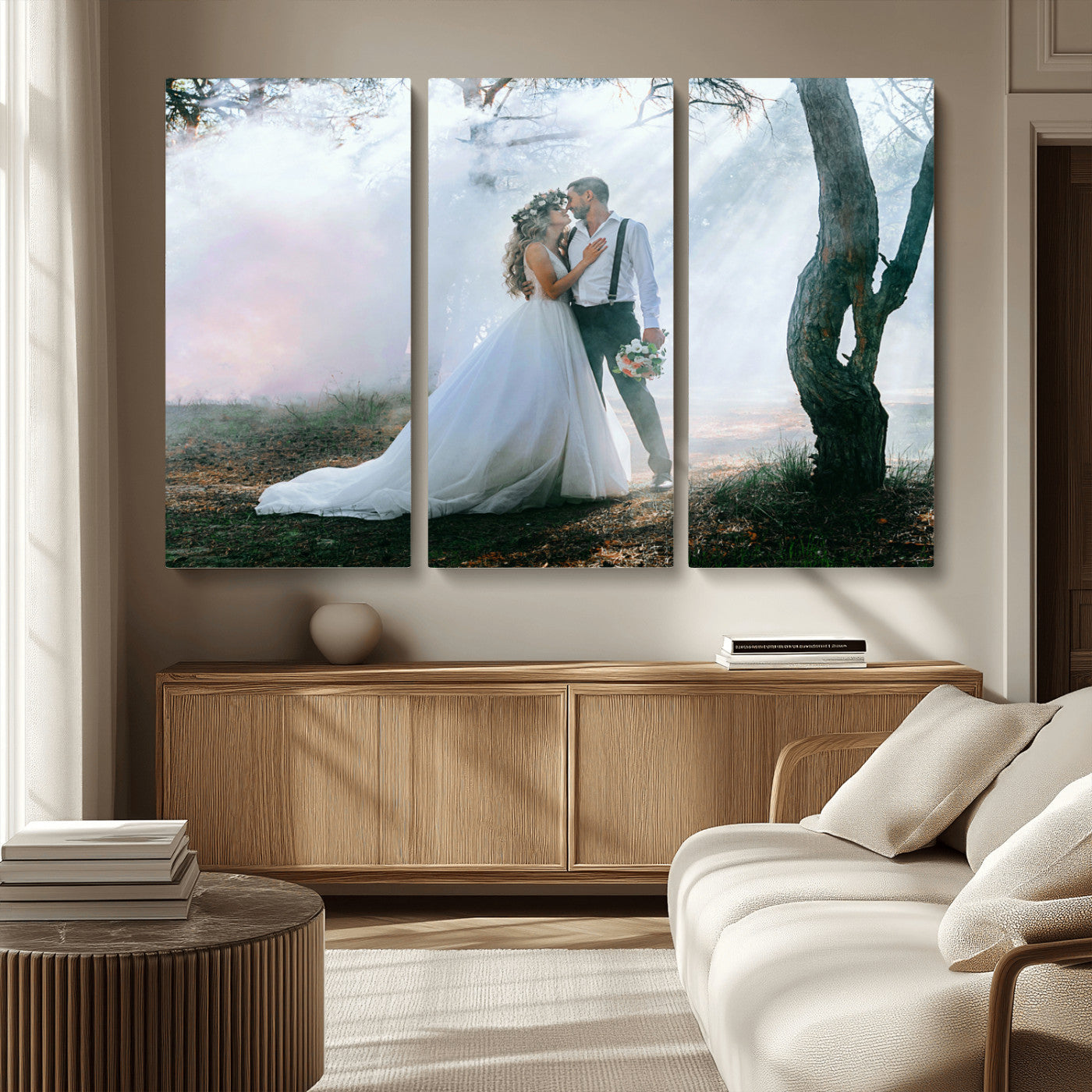MGV-CV-48X32-3P - Forest Wedding Wall Art – Romantic Bride and Groom Canvas Print, Enchanted Woodland Photography Decor for Bedroom, Living Room, or Wedding Gift