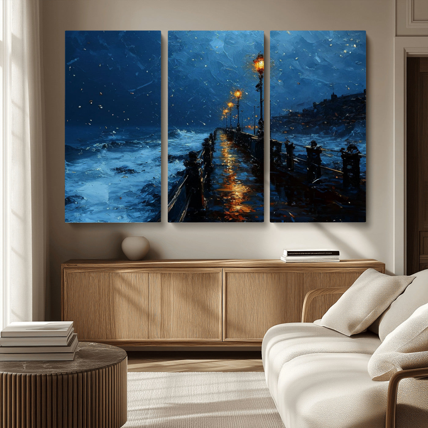 "Impressionistic painting of a rainy pier at night with glowing street lamps reflecting on the wet surface, ocean waves crashing under a dark blue sky."