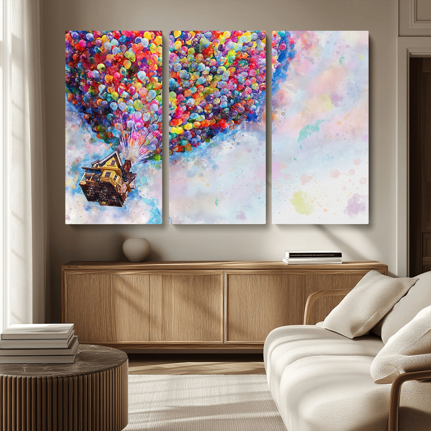 Whimsical canvas of the house from the movie Up flying with colorful balloons, ideal for Pixar or animation-themed decor.