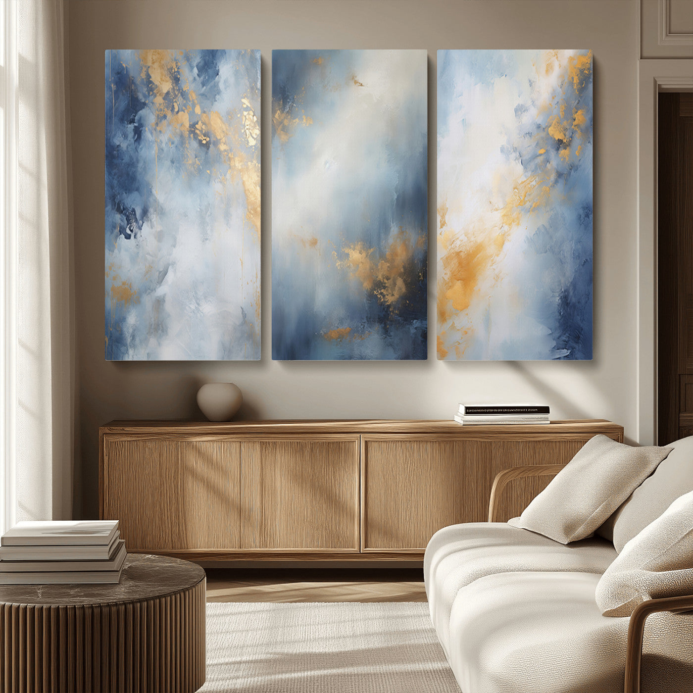 Abstract canvas art in soft blue and gold tones with textured brushstrokes, ideal for elegant or modern neutral decor spaces.