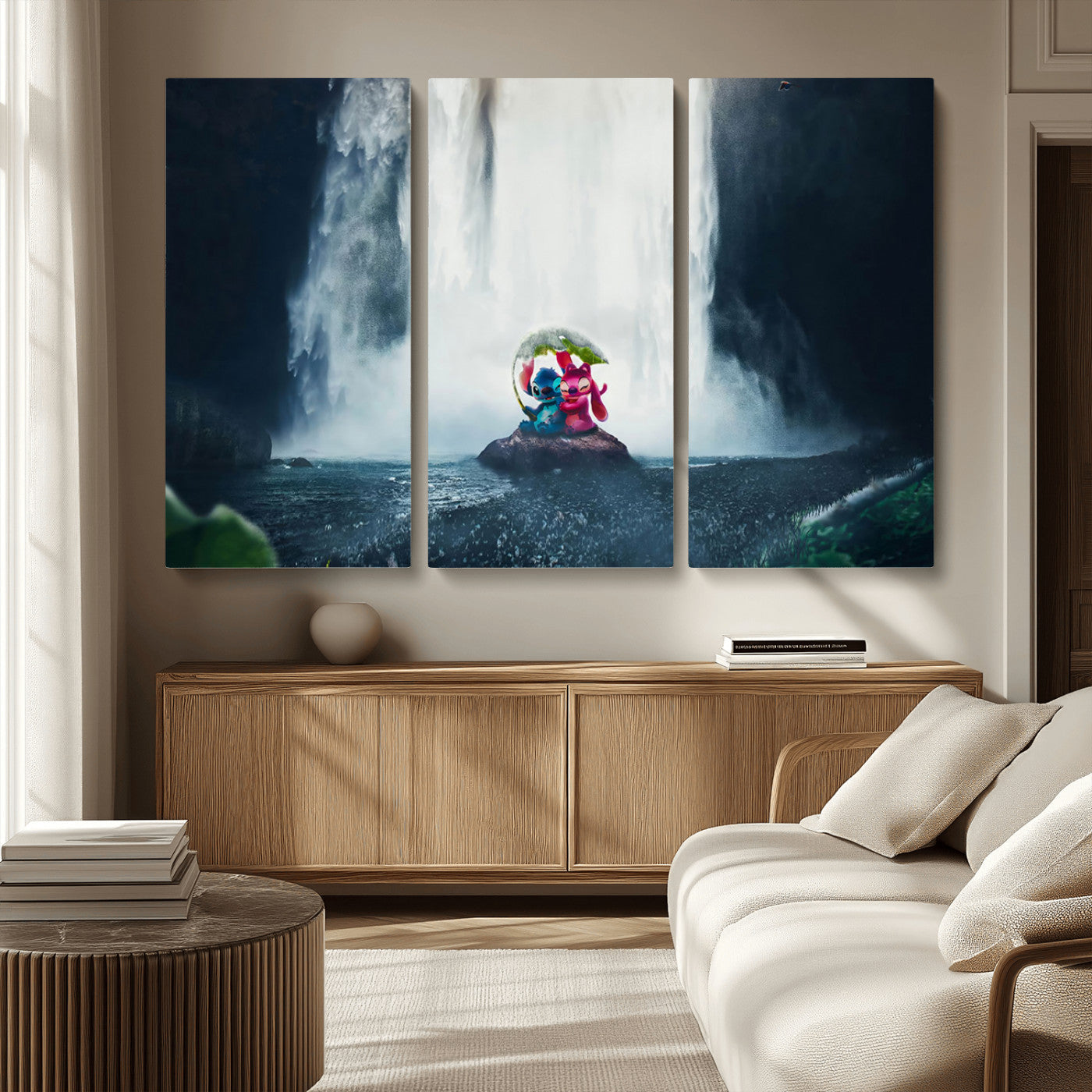 Fantasy canvas of Stitch and Angel under a leaf umbrella in front of a dramatic waterfall, perfect for moody jungle-themed or animated decor.