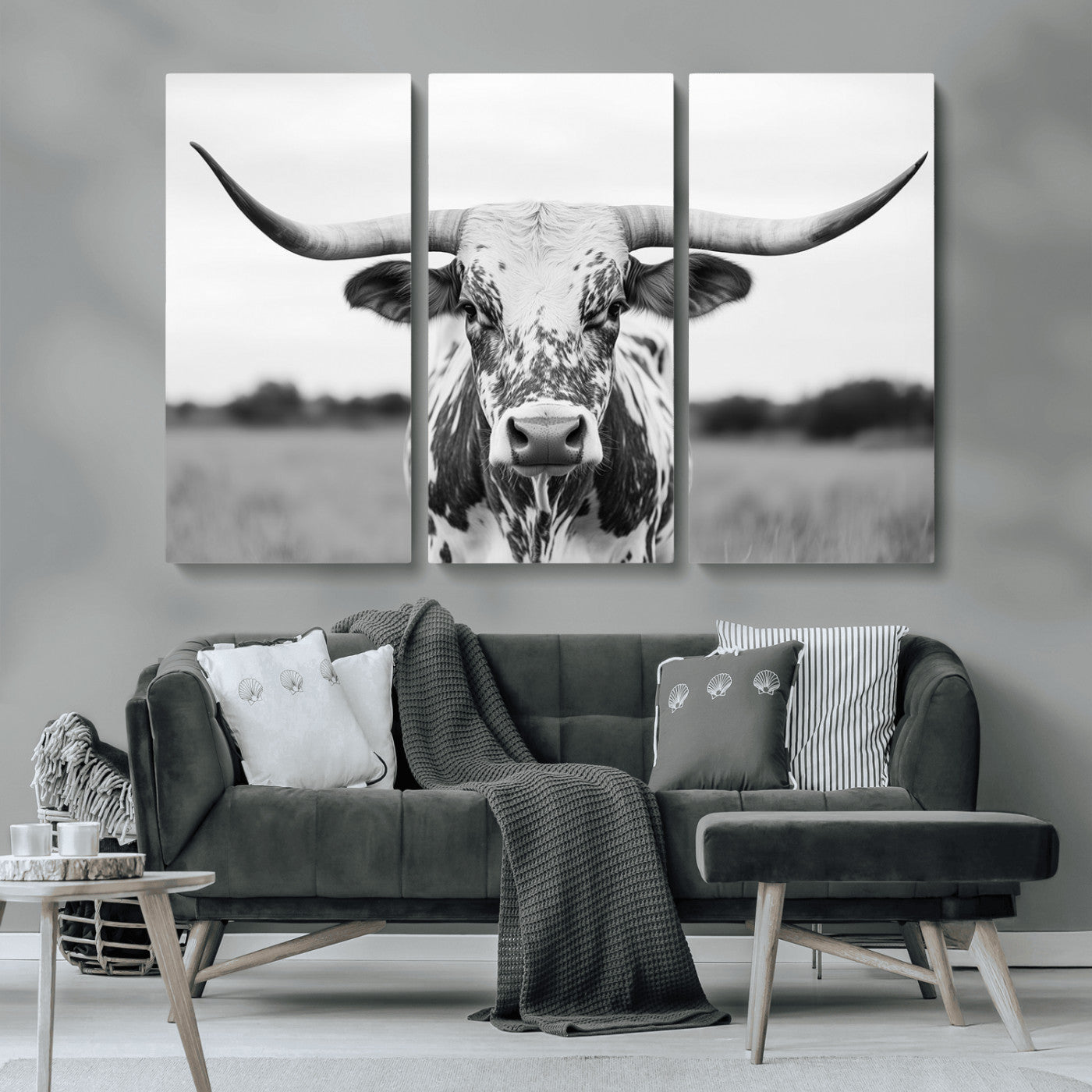Capture the strength and elegance of nature with this striking black and white portrait of a longhorn cow. Its powerful presence makes a bold statement in any room.