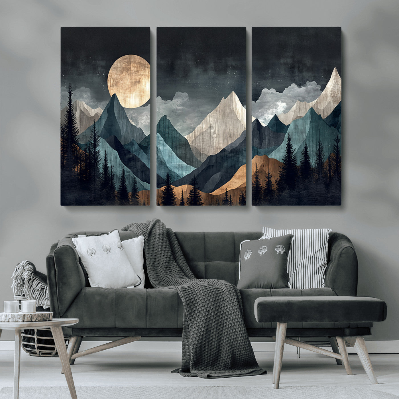 Stylized canvas of layered mountains under a full moon in neutral moody tones, ideal for nature-inspired or modern rustic interiors.