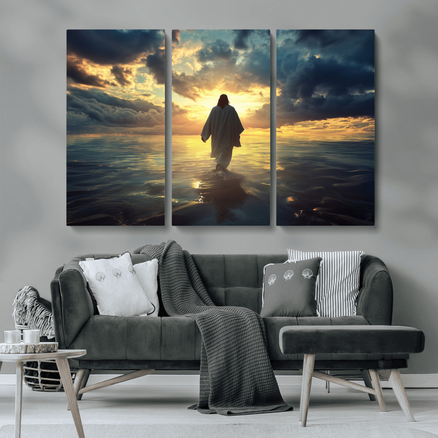 Spiritual artwork of Jesus walking on water at golden hour with divine light, ideal for Christian home decor or prayer room.