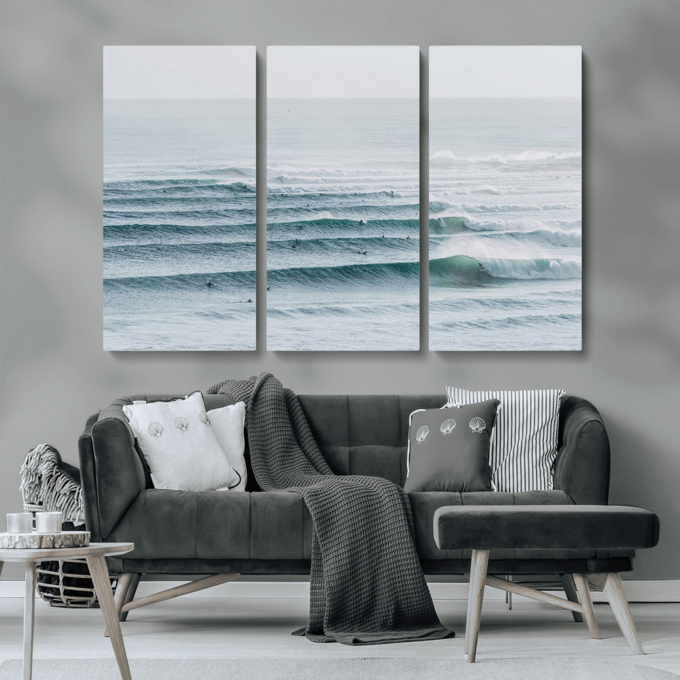 High-angle view of surfers lining up across layered ocean waves, ideal for minimal coastal or surf-inspired room decor.