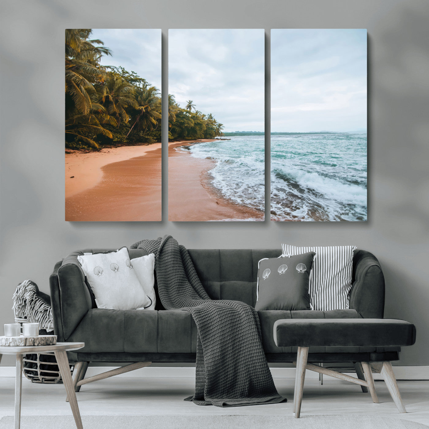 Framed canvas of a tropical beach with palm trees and soft waves, ideal for coastal escape or serene nature-inspired home decor.