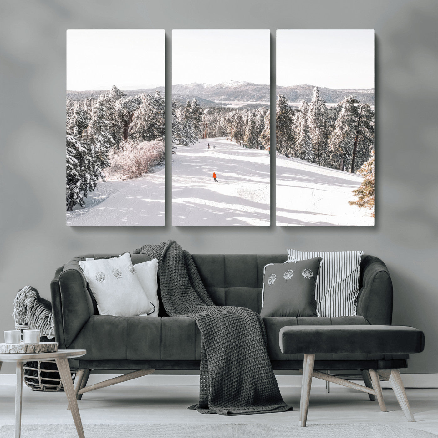 Bright ski trail lined with snow-covered pines and a skier in orange, perfect for alpine adventure or winter sports-inspired decor.