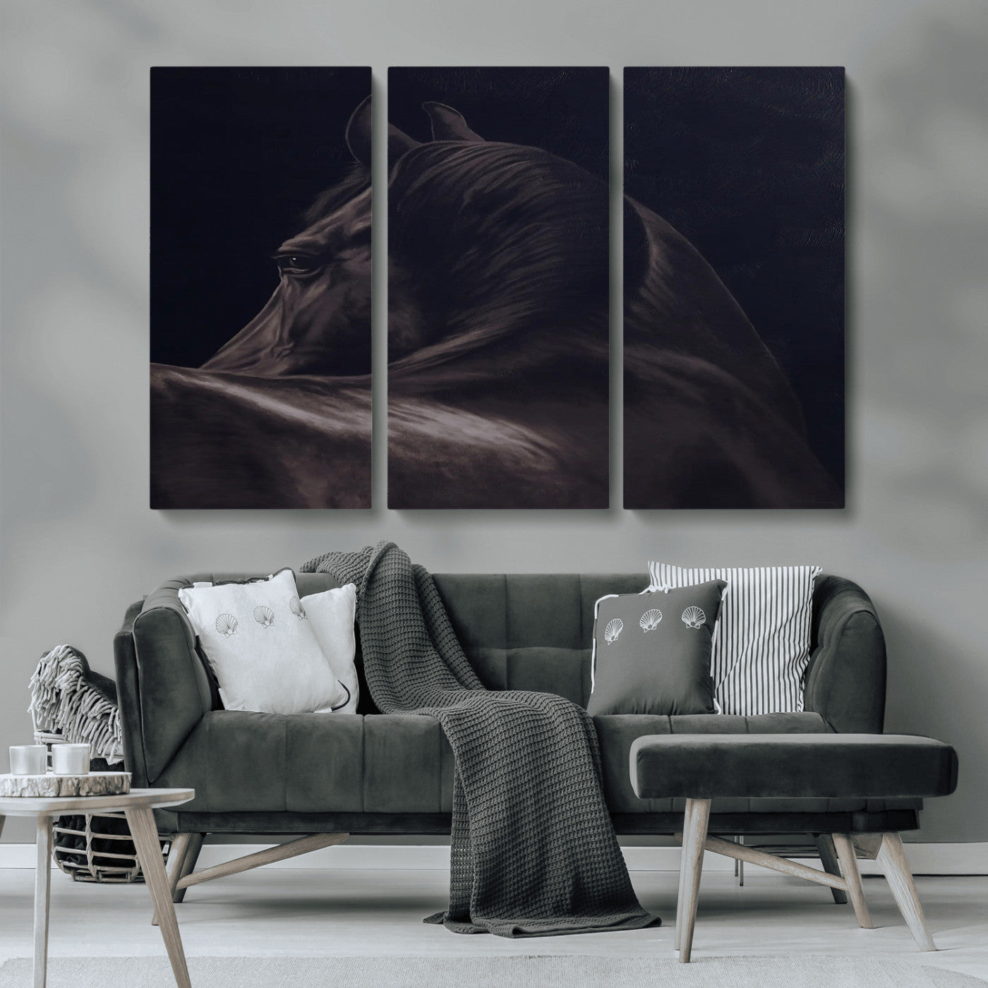 Close-up of a black horse with dramatic lighting on a dark background, perfect for rustic or masculine home decor.