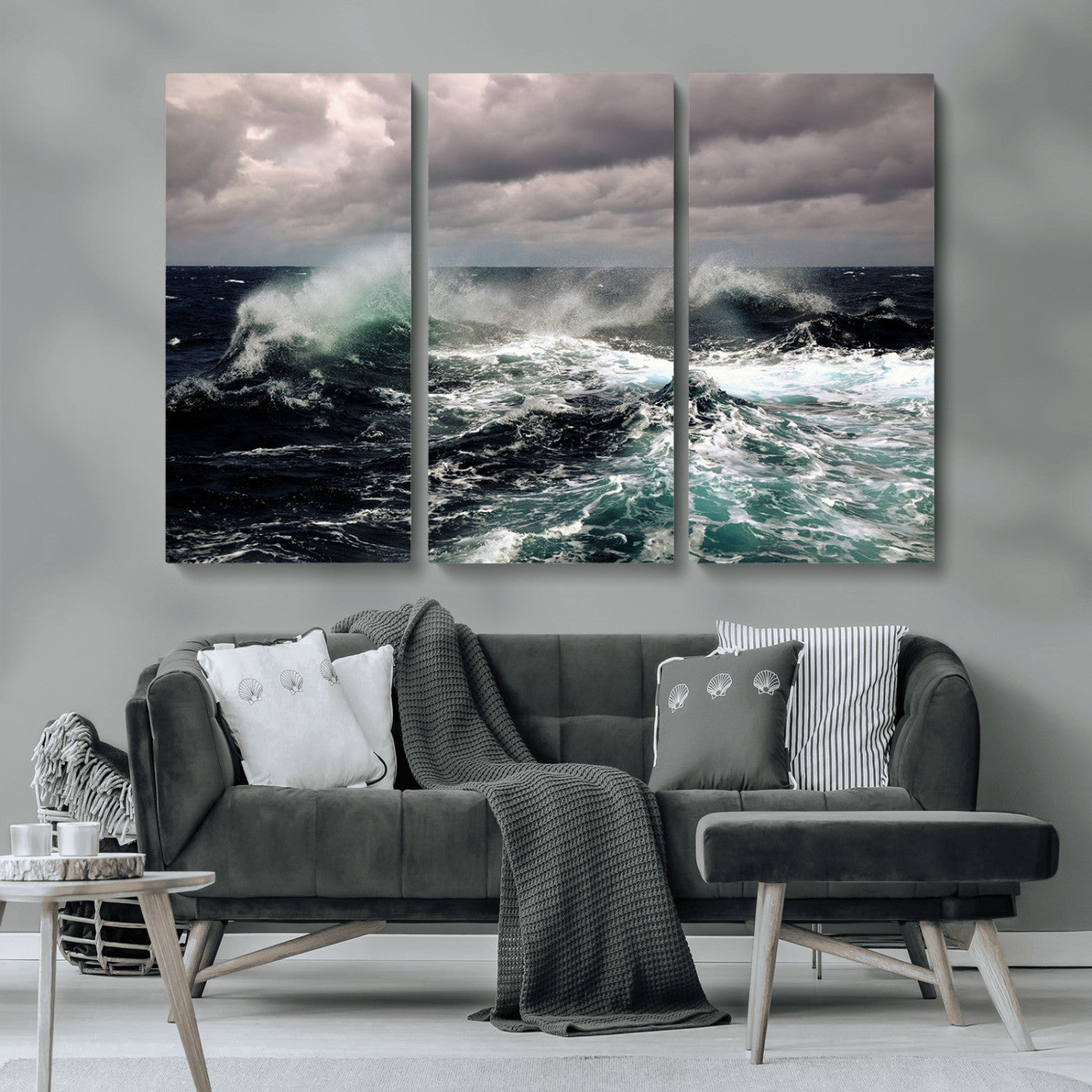 Powerful ocean waves crashing under stormy skies, creating a dynamic and intense seascape.