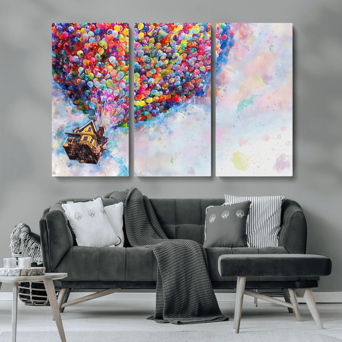 Whimsical canvas of the house from the movie Up flying with colorful balloons, ideal for Pixar or animation-themed decor.