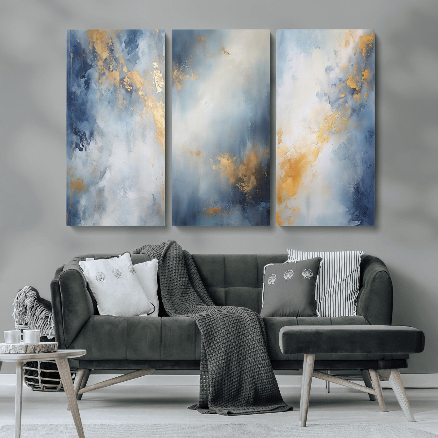 Abstract canvas art in soft blue and gold tones with textured brushstrokes, ideal for elegant or modern neutral decor spaces.