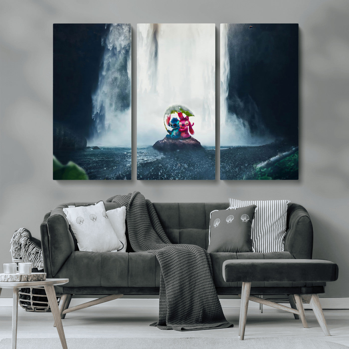Fantasy canvas of Stitch and Angel under a leaf umbrella in front of a dramatic waterfall, perfect for moody jungle-themed or animated decor.