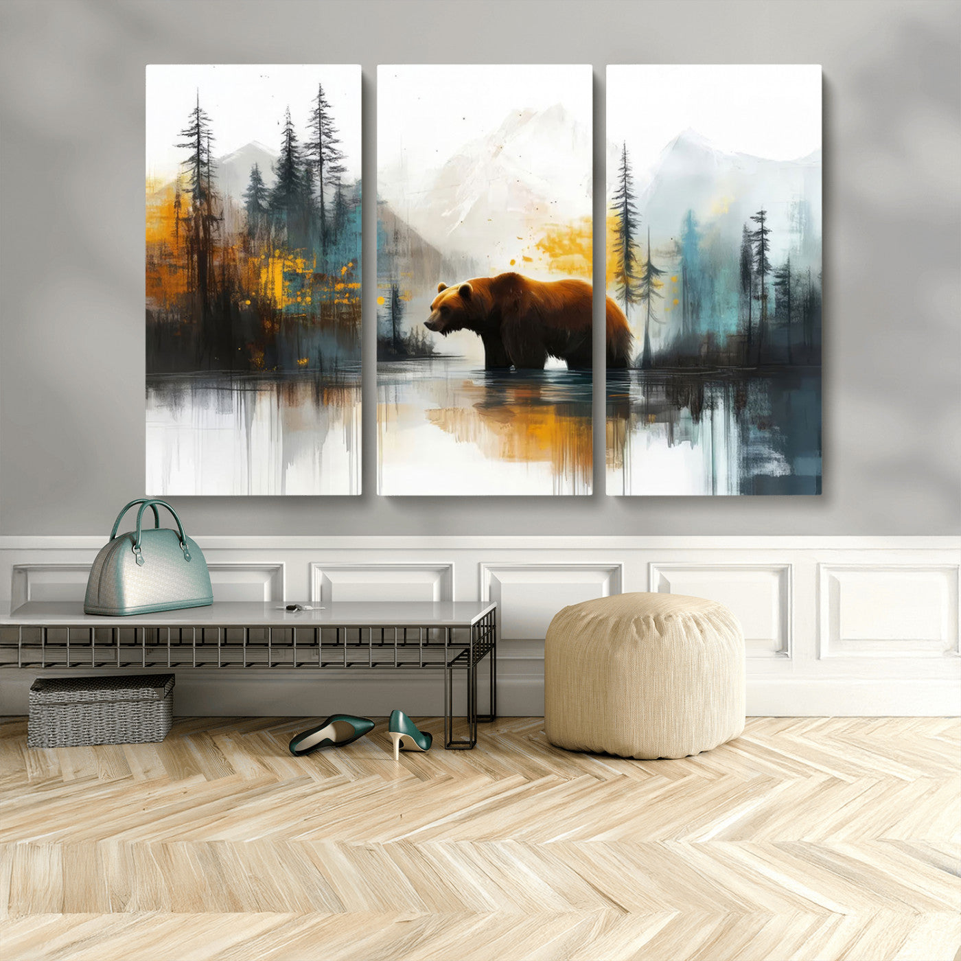 A majestic bear stands by the serene waters of a misty forest, surrounded by towering trees and distant mountains, evoking the raw beauty and wild spirit of nature.