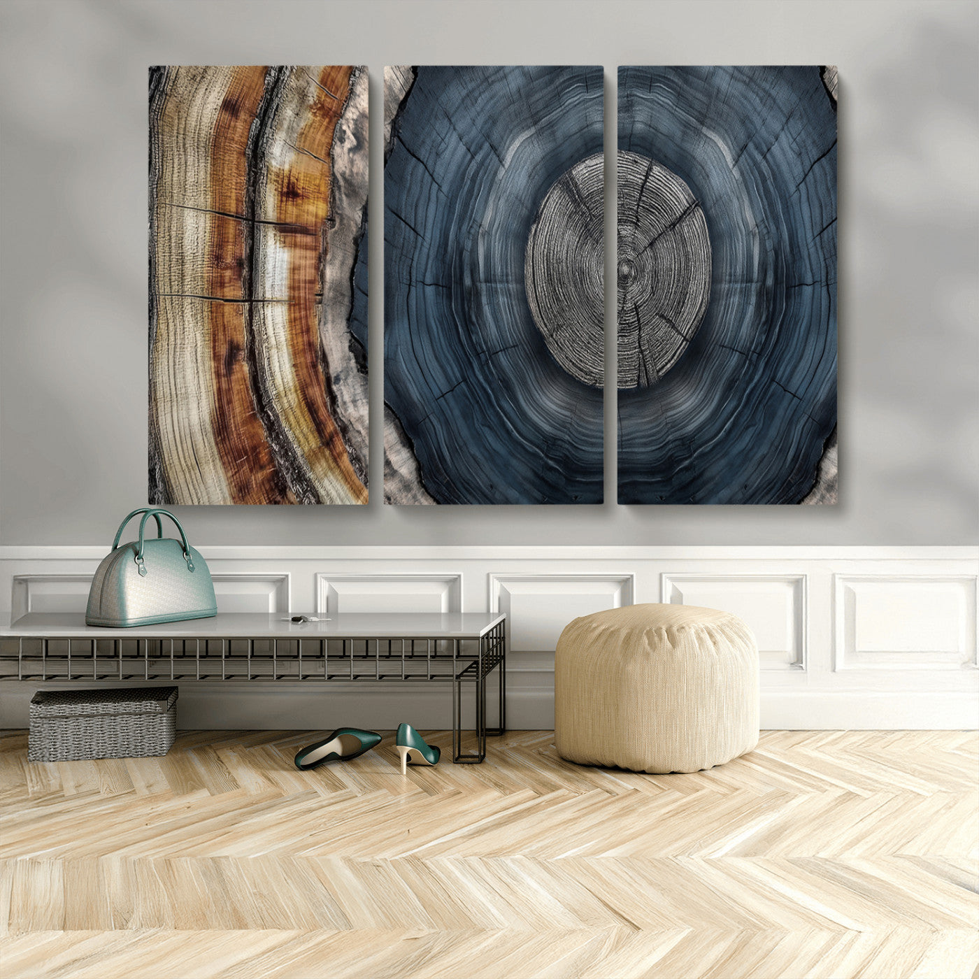 A stunning close-up of a tree trunk showing the intricate, circular growth rings, showcasing the natural textures and rich contrasts in deep blues, browns, and silvers.