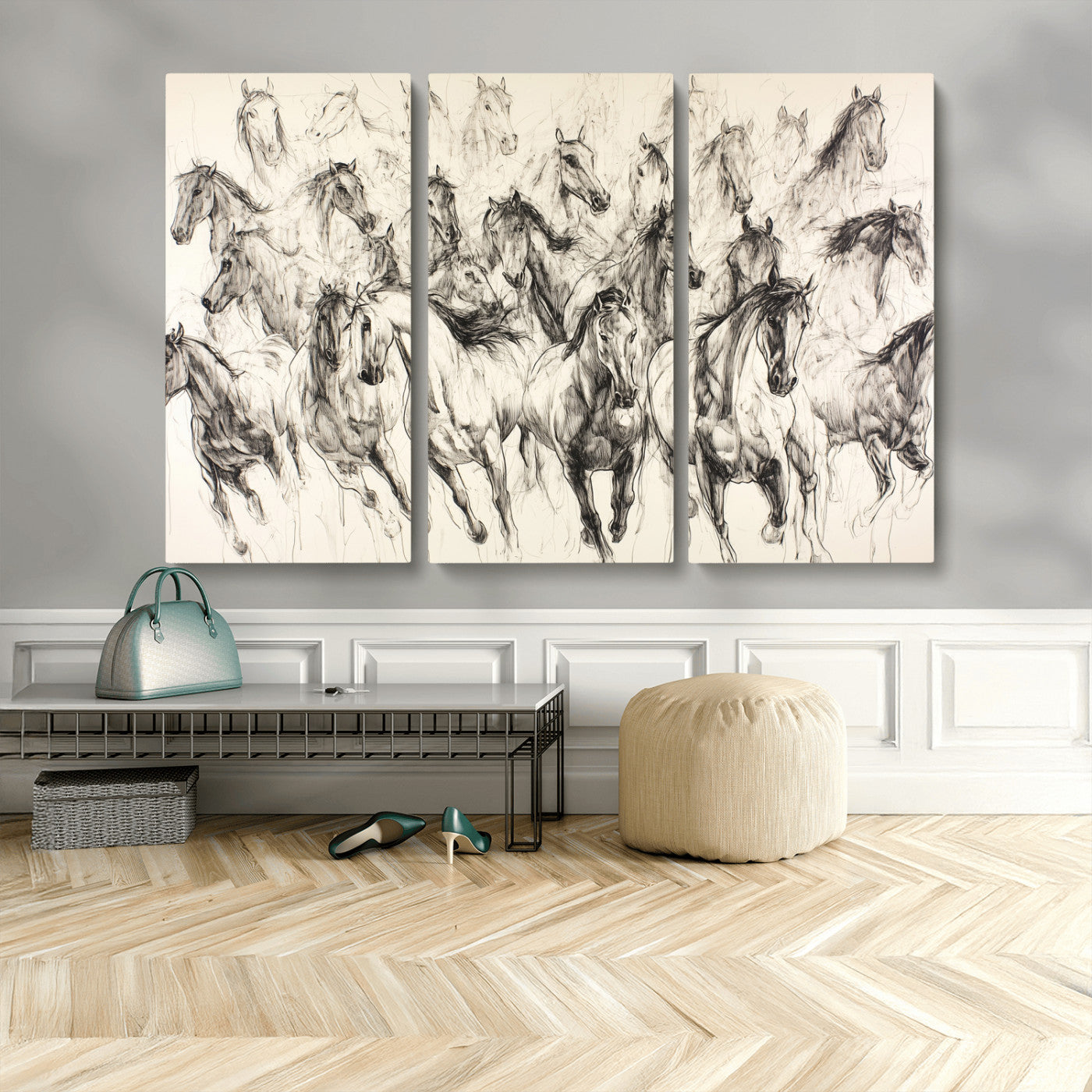 Monochrome ink sketch of galloping horses in dynamic motion, perfect for western or equine-themed wall decor with bold artistic energy.