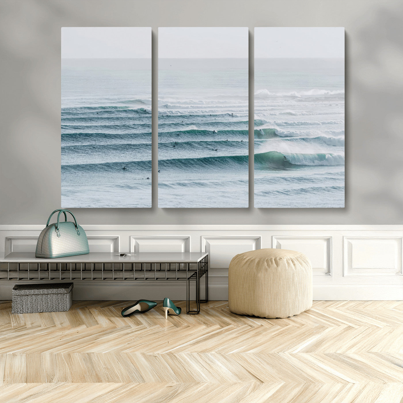 High-angle view of surfers lining up across layered ocean waves, ideal for minimal coastal or surf-inspired room decor.