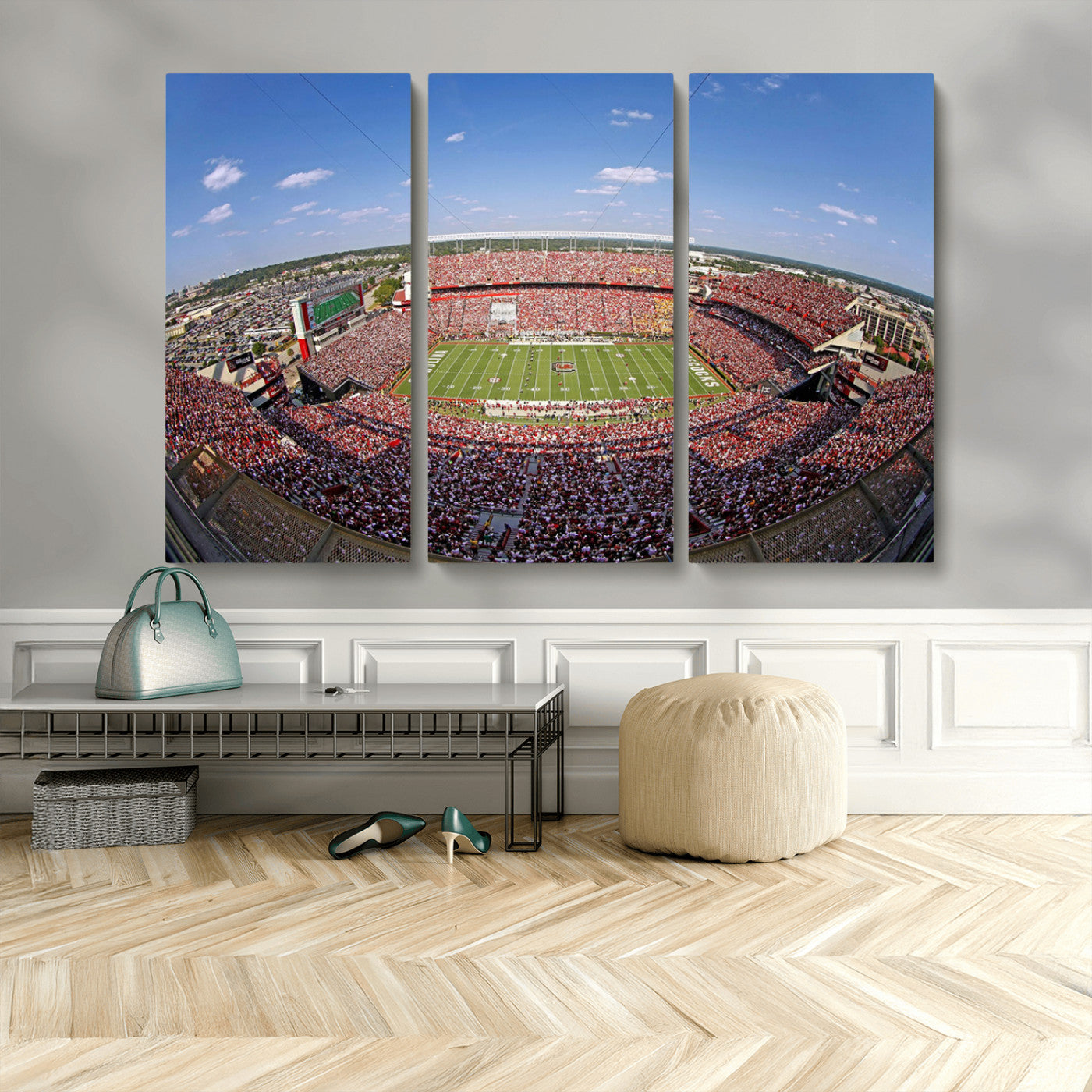An William Brice-Stadium view of a full football stadium with cheering fans and clear blue skies, capturing the excitement and energy of the game.