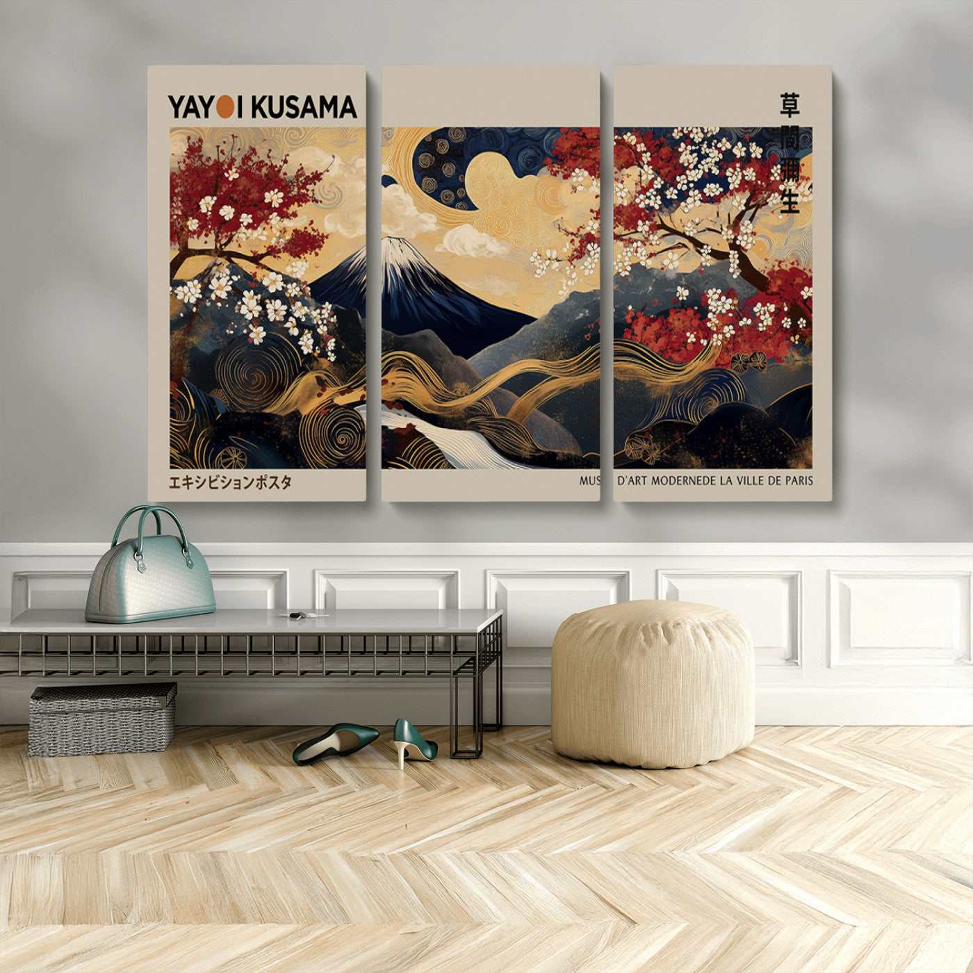 Yayoi Kusama's artwork featuring Mount Fuji, blooming cherry trees, and intricate swirls, blending traditional Japanese elements with vibrant color.