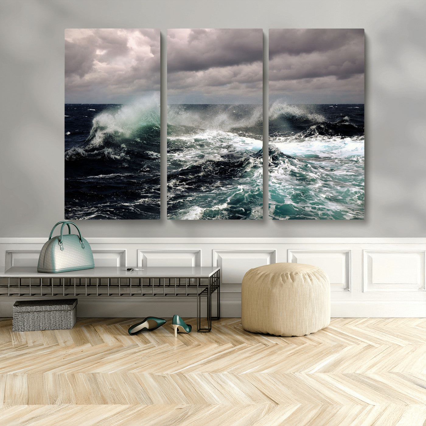 Powerful ocean waves crashing under stormy skies, creating a dynamic and intense seascape.