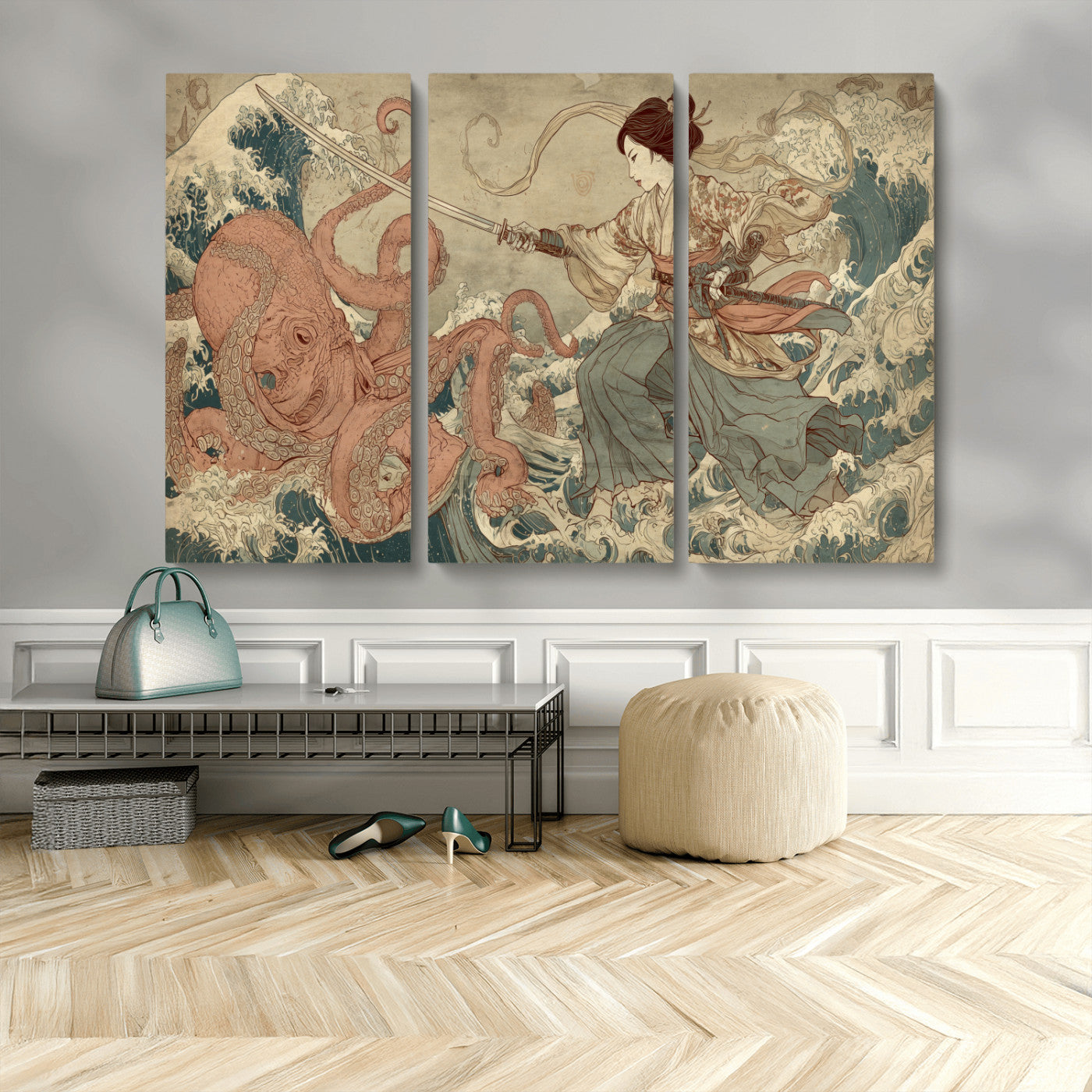 Tsukioka Yoshitoshi Samurai Wall Art Print, Japanese Katana Warrior Canvas Wall Art, Octopus Sea Monster Canvas Print,