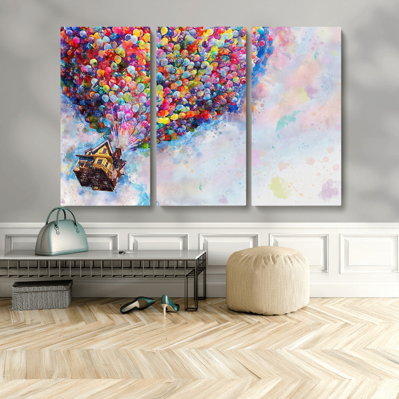 Whimsical canvas of the house from the movie Up flying with colorful balloons, ideal for Pixar or animation-themed decor.
