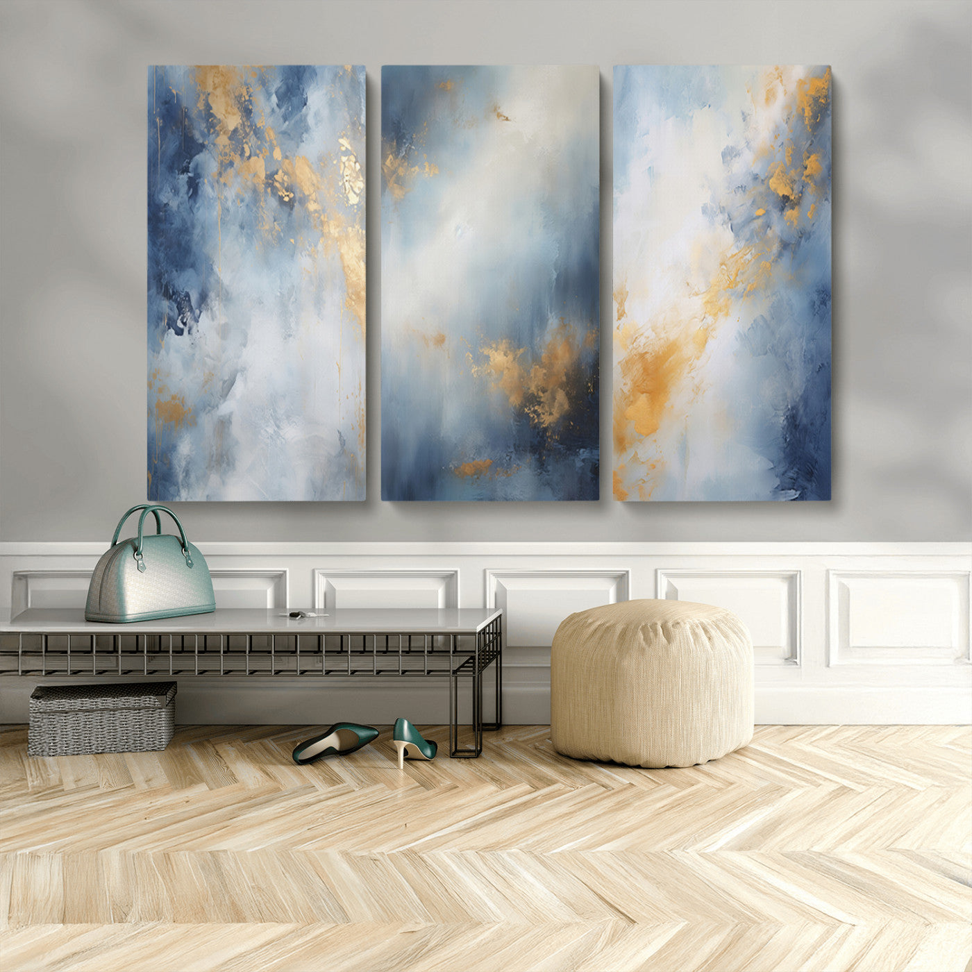 Abstract canvas art in soft blue and gold tones with textured brushstrokes, ideal for elegant or modern neutral decor spaces.