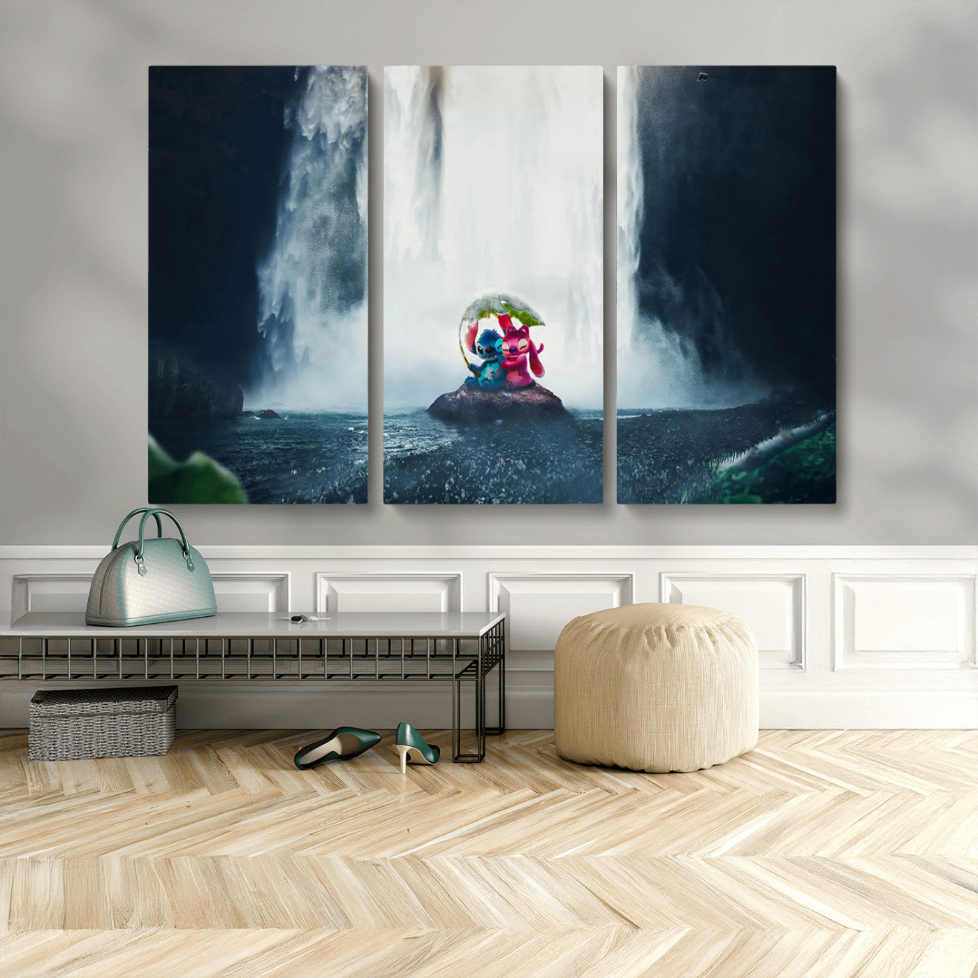 Fantasy canvas of Stitch and Angel under a leaf umbrella in front of a dramatic waterfall, perfect for moody jungle-themed or animated decor.